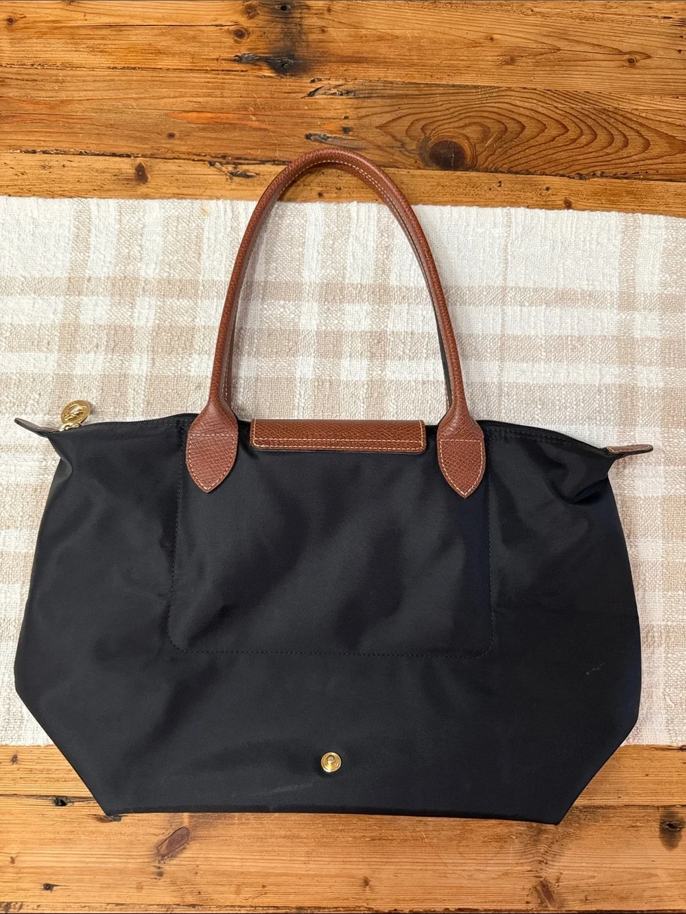 Longchamp Black Nylon Tote with Brown Leather Trim